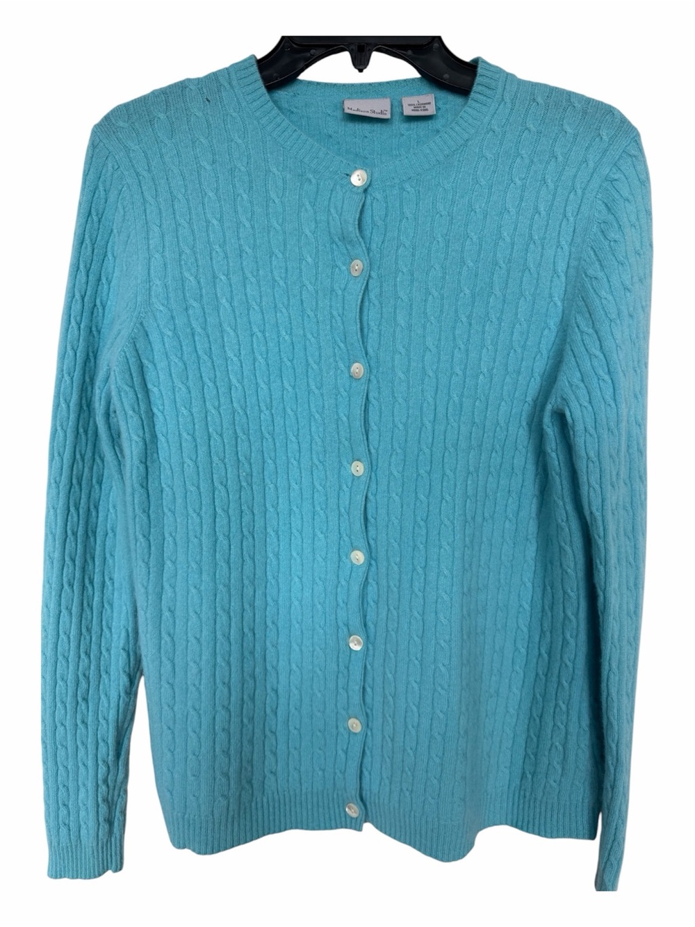 ✅ Madison Studio Blue Cable Knit Crewneck buttoned Cardigan 100% cashmere sz L